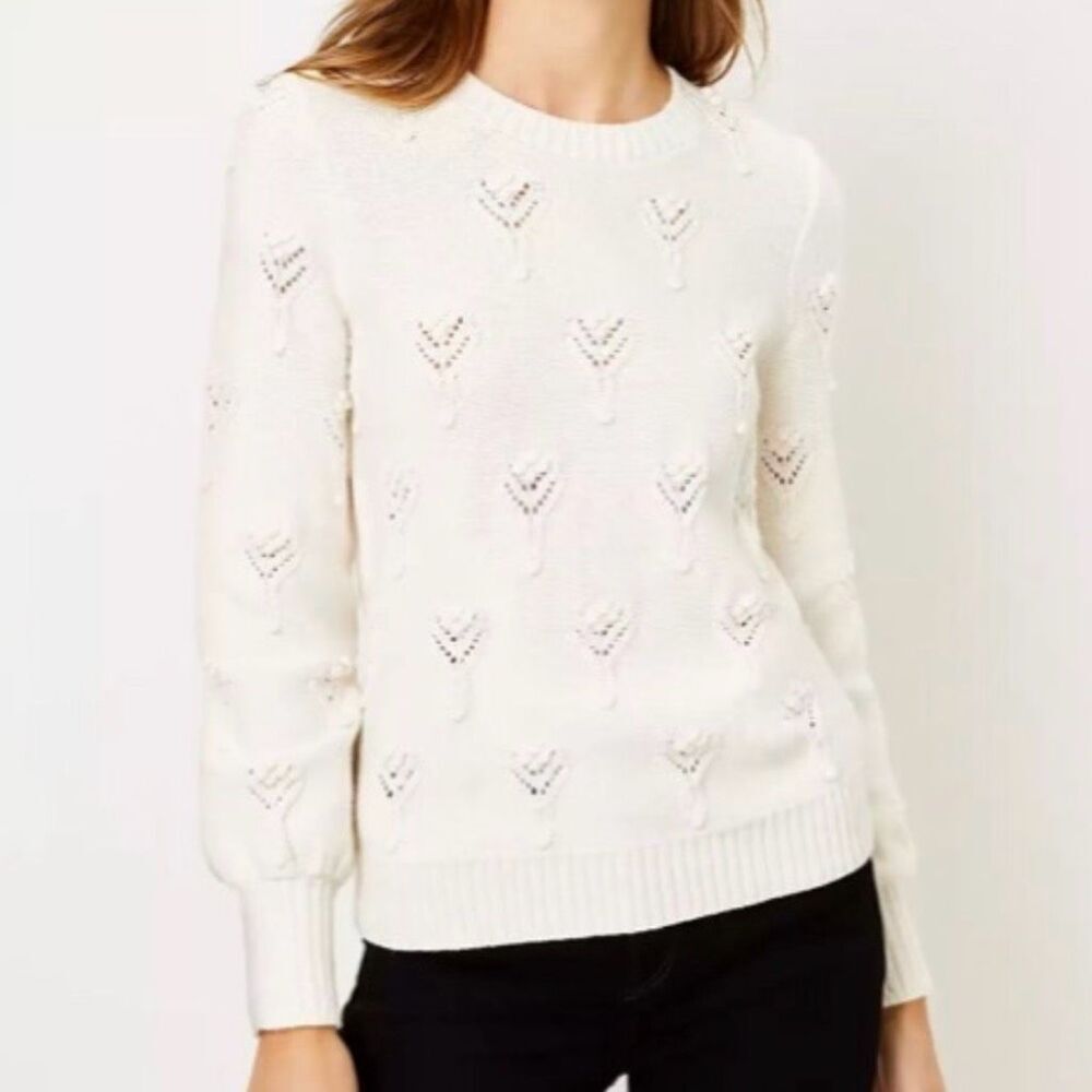 A.T. LOFT | Women's Bobble Pointelle Sweater Ivory Cream Blouson Sleeve | Large